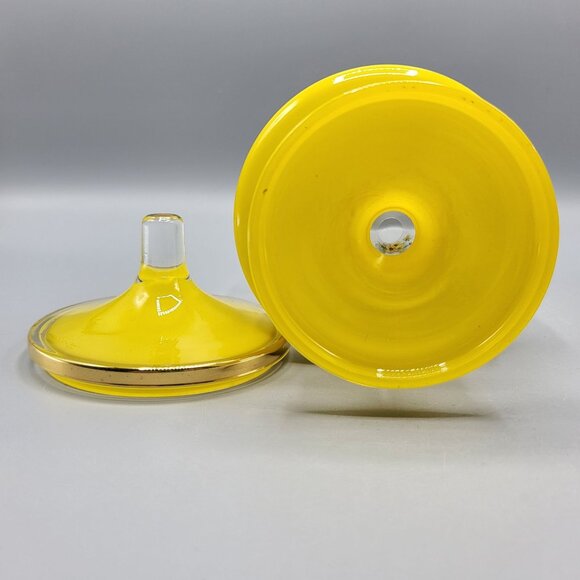 Vintage MCM Footed Glass Vanity Jar with Lid Yellow Floral Sunflower Home Decor - Picture 9 of 12